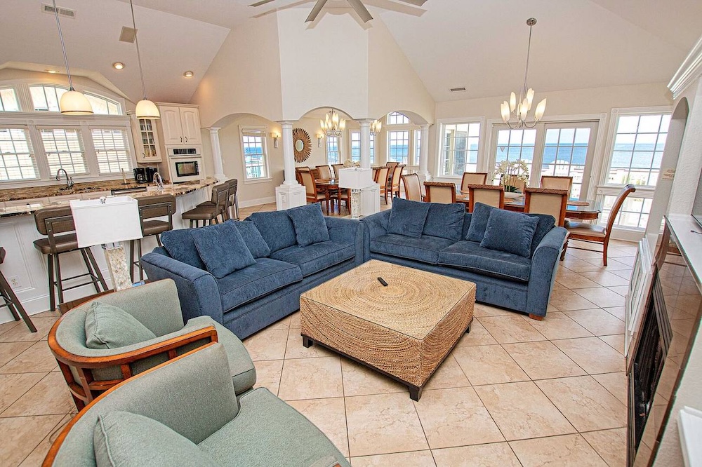 large living room of an OBX vacation rental home for the holidays
