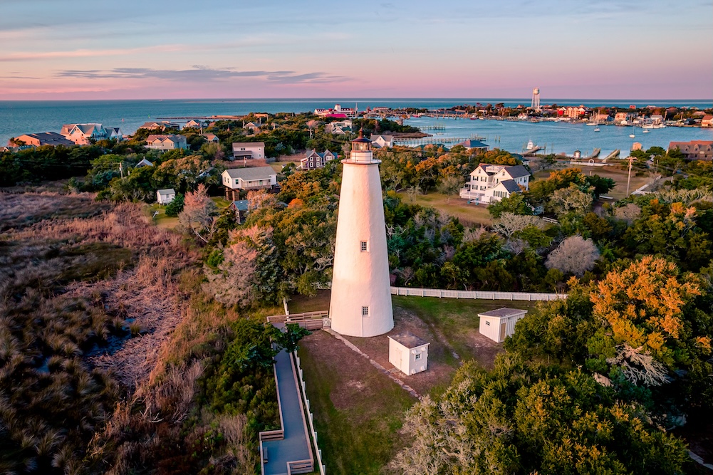 Ocracoke Island lighthouse and distant view of town